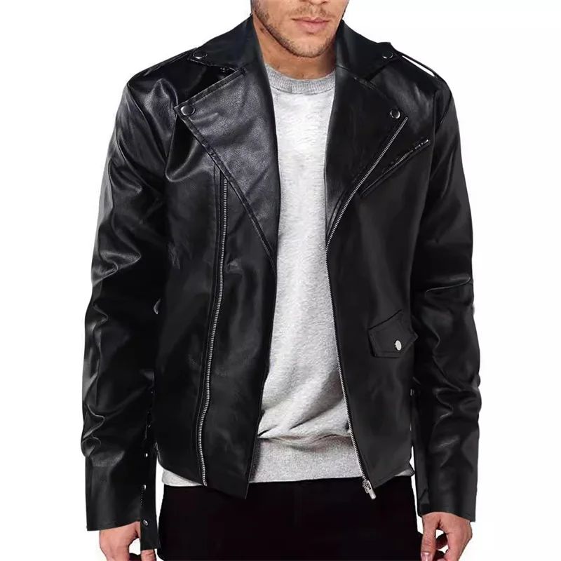2025 New Men Solid Color Imitation Leather Jacket Red Fashion Homme Oblique Zipper Biker Coats Male Bar KTV Casual Top
