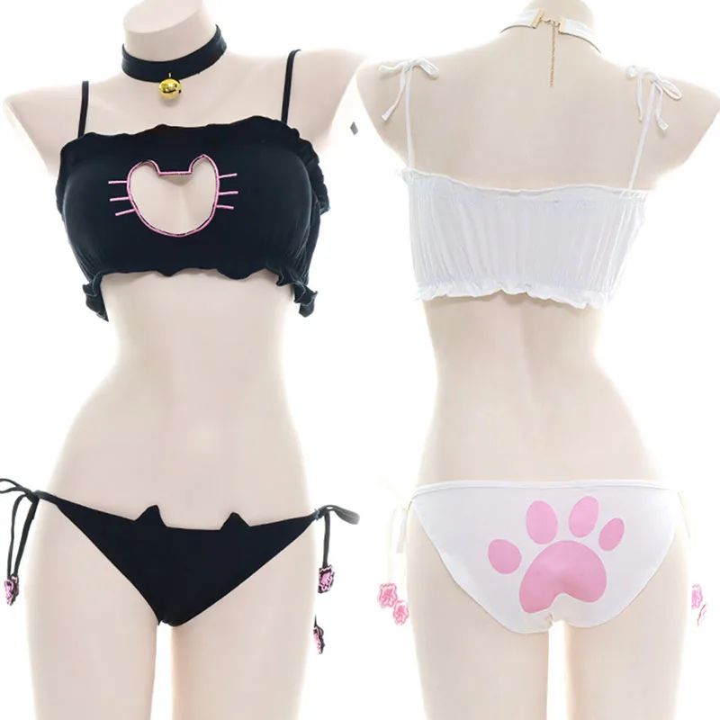 Anime Cute Cat Paw Bikini Swimsuit Costume Summer Beach Mini Lovely Cats Bell Swimwear Uniform Cosplay Cats Hollow Bra