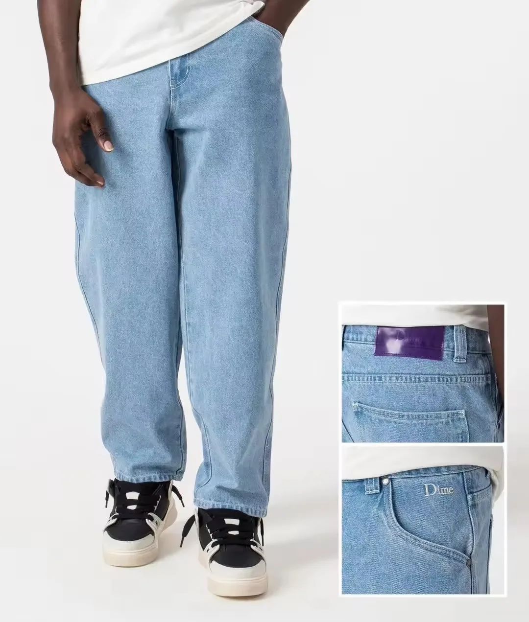 Dime Baggy Straight Leg Loose Casual Streetwear Skateboard Men's Jeans ENIM PANTS Washed Denim Long Short Hip Hop Style