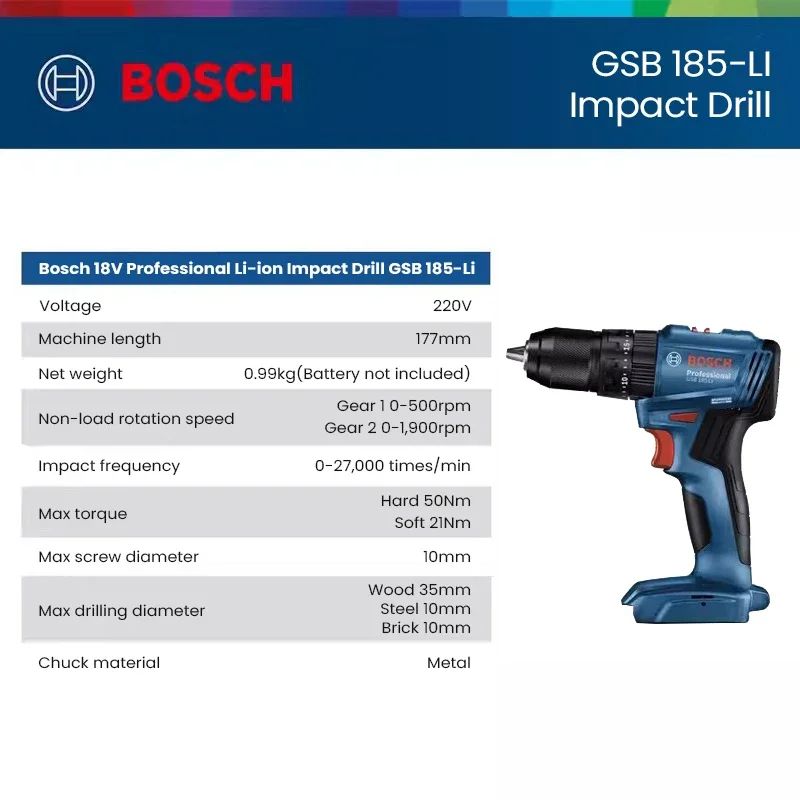 Bosch GSB 185 Li battery-powered impact drill, 3-in-1, multifunctional, 50 Nm electric screw, brushless hammer drill, pro-electr