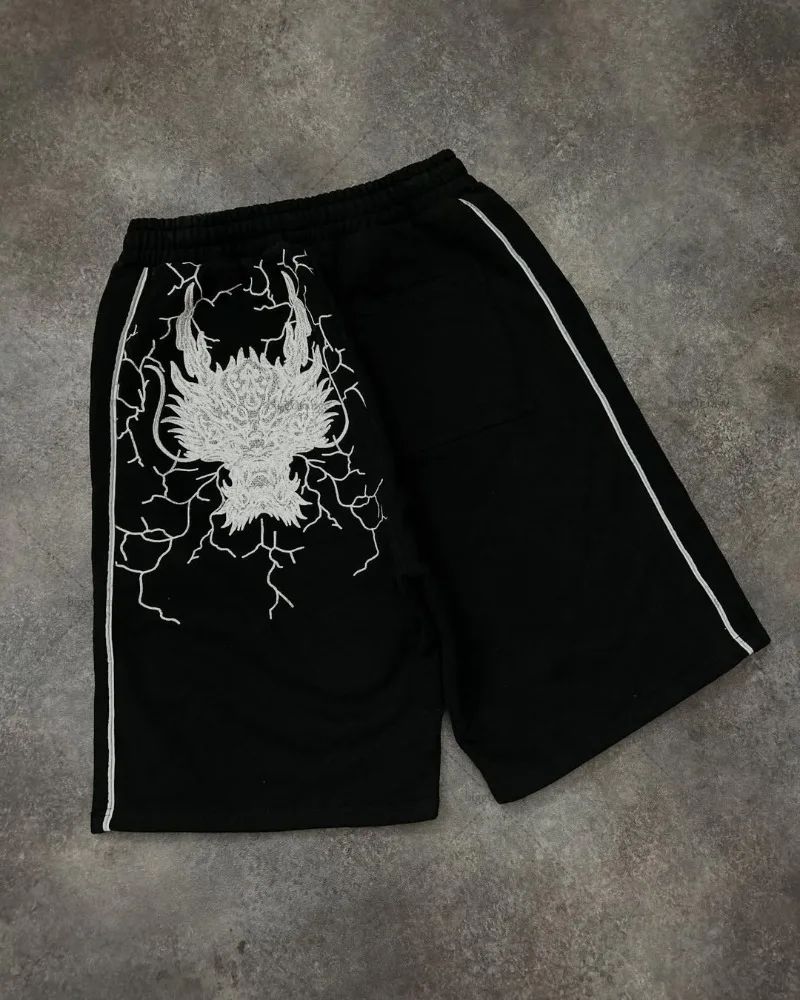 American Hip-hop Dragon Head Striped Casual Loose Shorts Men 2025 High Street Retro Punk Fashion Oversized Straight Pants Women