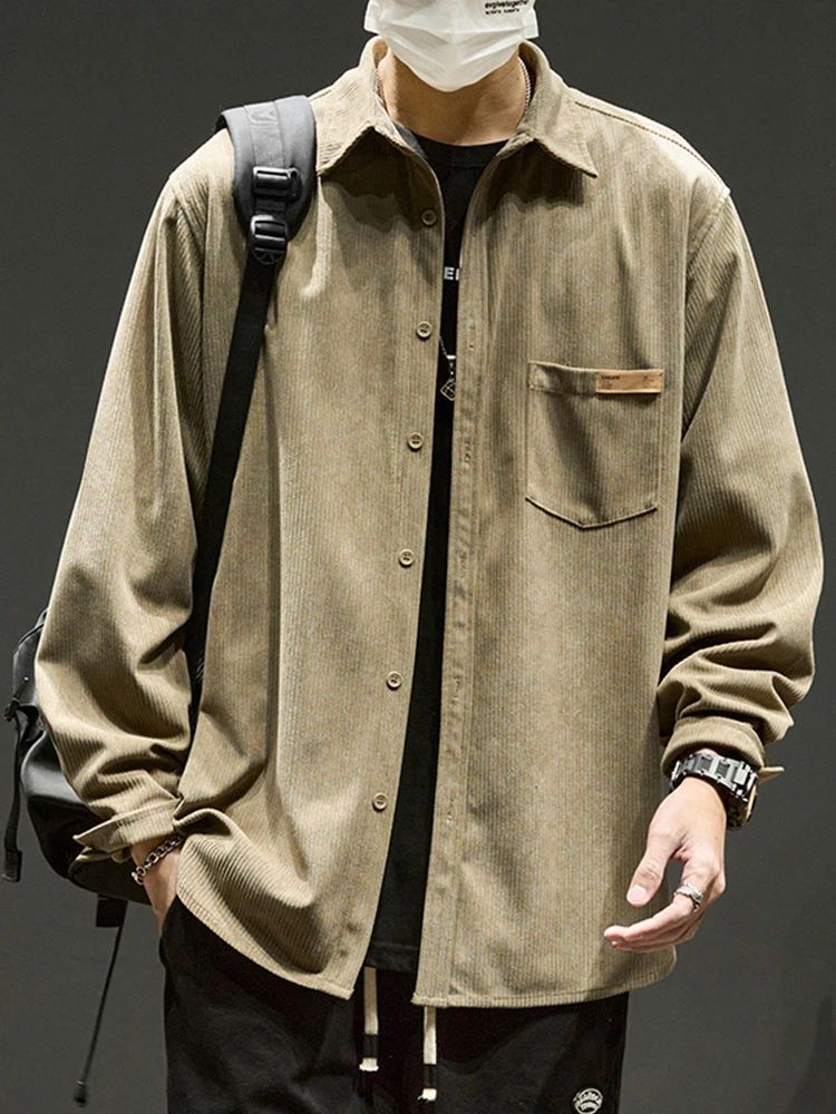 Autumn Long Sleeve Corduroy Shirts For Men Plain Y2K Vintage Cargo Shirt New Korean Fashion Loose Streetwear Blouses Clothes