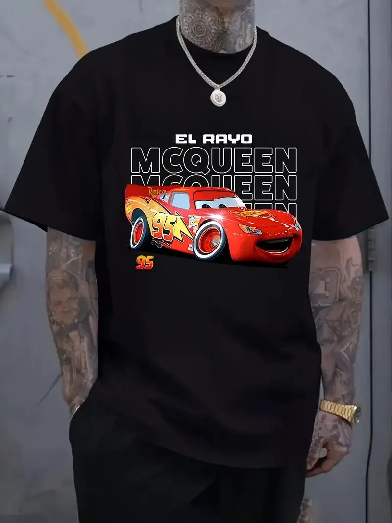 Disney Car Lightning McQueen Series Men's T-shirt, Pure Cotton Short-sleeved, Fashionable and Trendy Street Men's Clothing