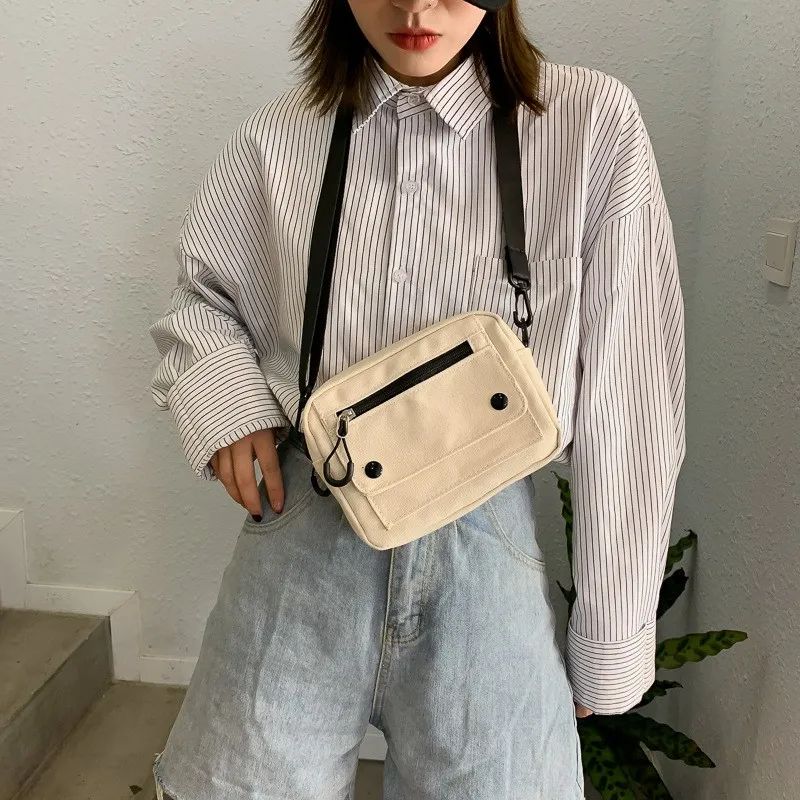 Women Canvas Handbags Korean Mini Student Bag Cell Phone Simple Small Crossbody Casual Ladies Zipper Shoulder Bag