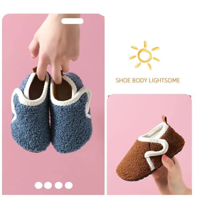 Pantuflas Child Cotton Slippers Solid Warm Kid Winter Home Shoe Boy Girl Plush Floor Shoe Indoor Soft Sole Anti-slip Cotton Shoe