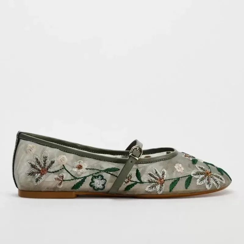 New Mesh Breathable Ballet Flats Women Luxury Designer Embroidered Flower Mary Jane Shoes Light Comfort Low Heeled Summer Flats
