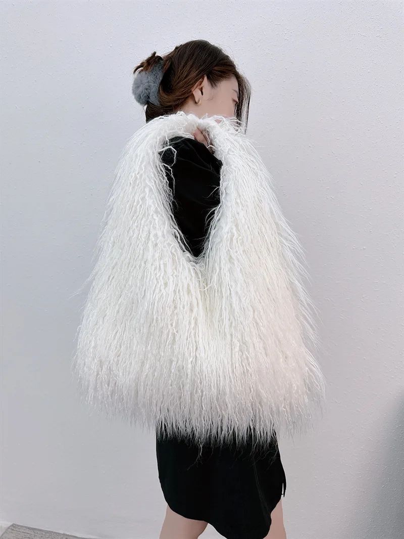 2025 NEW Wool Women's Plush Shoulder Bags Y2k Hot Girls Faux Fur Drawstring Bucket Bag Fashion Female Furry Purse Tote Handbags