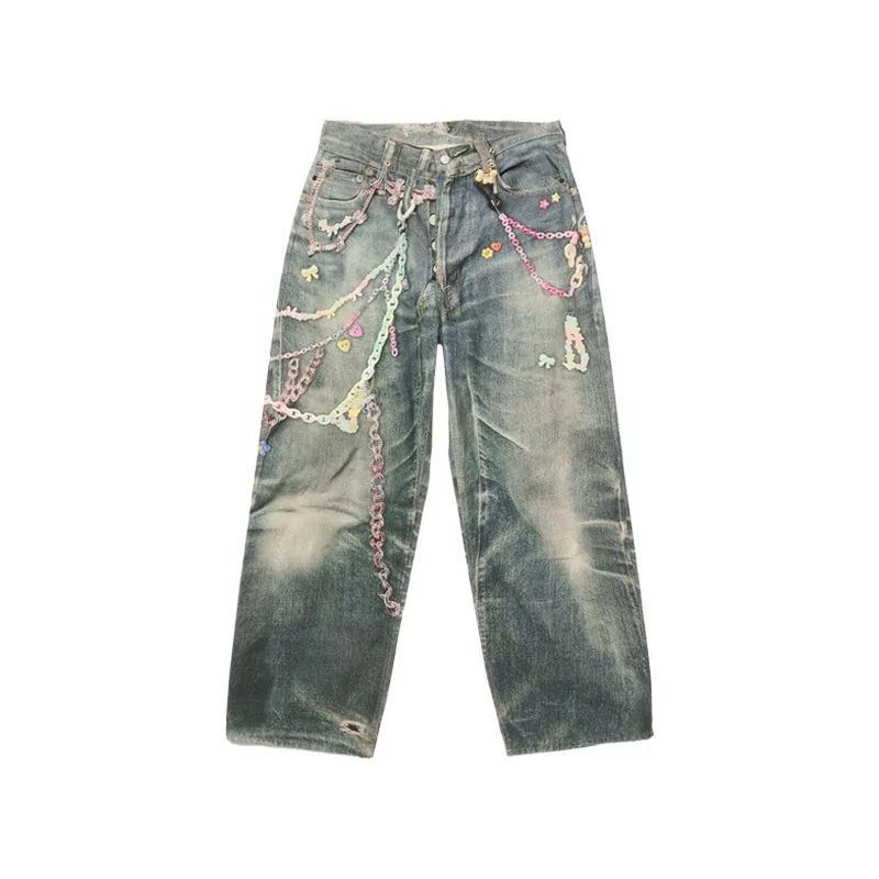 American High Street 3D Digital Print Candy Chain Weathered Knife Straight Leg Casual Jeans for Men And Women