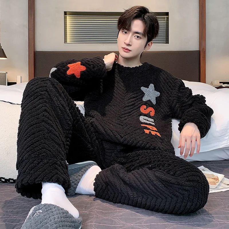 Thickened Warm Sleepwear for Winter Coral Velvet Autumn and Winter Men Flannel Loungewear Large Size 2 Piece Set Homewear