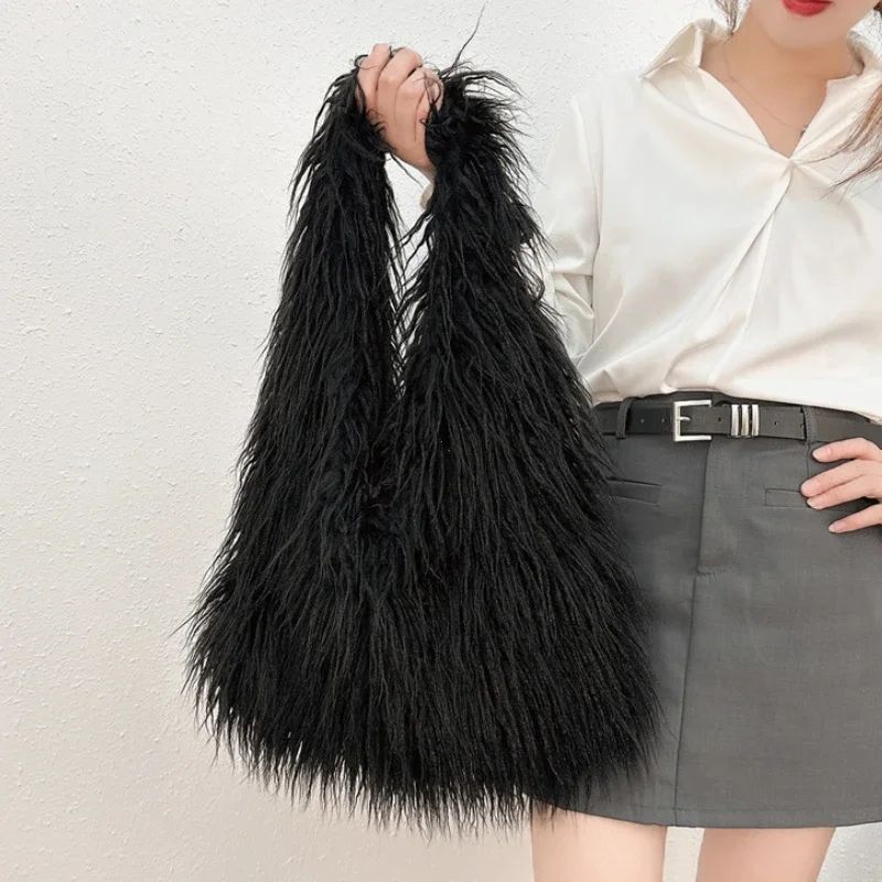 2025 NEW Wool Women's Plush Shoulder Bags Y2k Hot Girls Faux Fur Drawstring Bucket Bag Fashion Female Furry Purse Tote Handbags