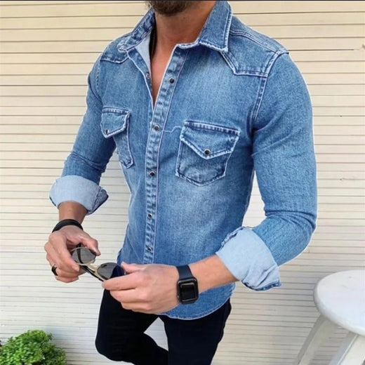 Vintage Solid Color Men Washed Denim Shirt 2024 Autumn Causal Full Sleeve Turn Down Collar Single Breasted Multi Pockets Coat