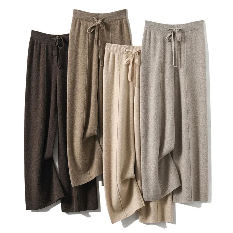 High Waist Wide Leg Pants Mid-Seam Knitted Trousers Drawstring Waist Belted Floor-Length Pure Color Versatile Autumn Winter Casu