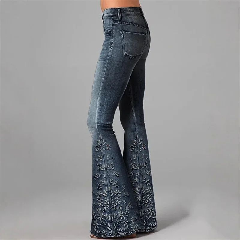 Women's Floral Embroidered High Waist Flared Jeans Vintage Boho Wide Leg Denim Pants for Party and Daily Outfits