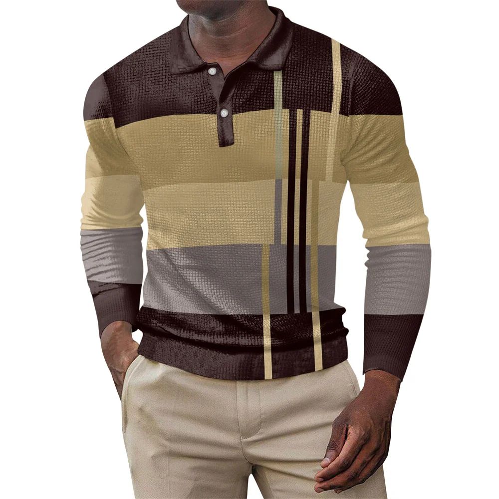 2025 autumn men's polo shirt long sleeved stand up collar patchwork printed top fashionable street casual T-shirt men's shirt