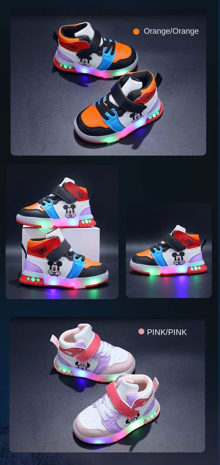 2024 Disney Children's Led Light Shoes Fashion Mickey Mouse Boys Sneakers Girls Cartton Casual Shoes Breathable Kids Sport Shoes