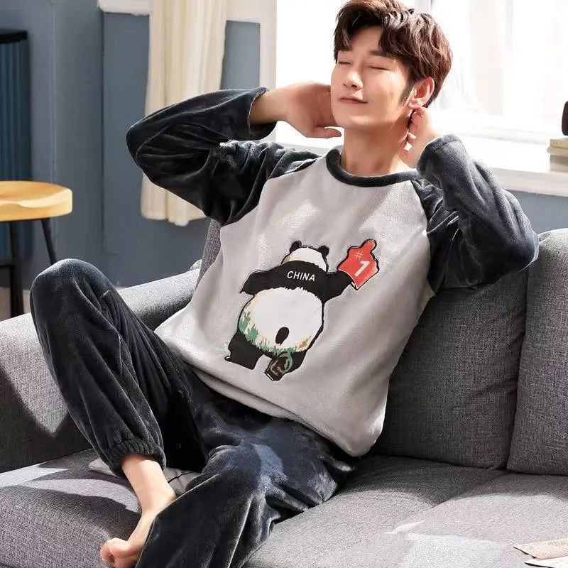 Thickened Flannel Sleepwear Set for Men Winter Home Clothes Coral Fleece Lined Autumn Winter Style Overhead Mens Nightgown