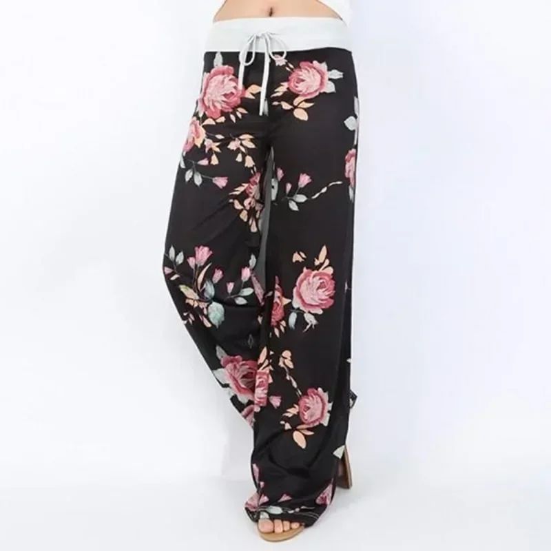 Plus Size L-8XL Fashion Women Casual Loose Stretch Printing Long Wide Leg Yoga Pants Drawstring Lounge Pants Pajama Pants