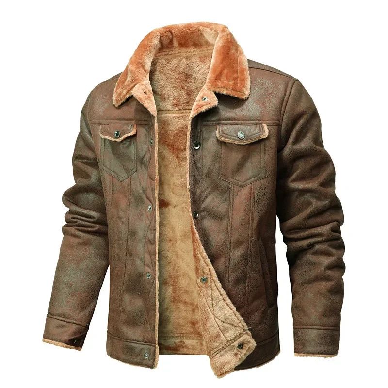 Winter Men's Suede Leather Coat High Quality Thick Fleece Warm Leather Jacket Fashion Turn Down Collar Male Loose Casual Coats