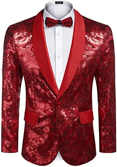 2025 Men's Shiny Gold Sequins Blazer Stylsih Shawl Collar One Button Tuxedo Floral Suit Jacket Party Wedding Groom Costume Homme