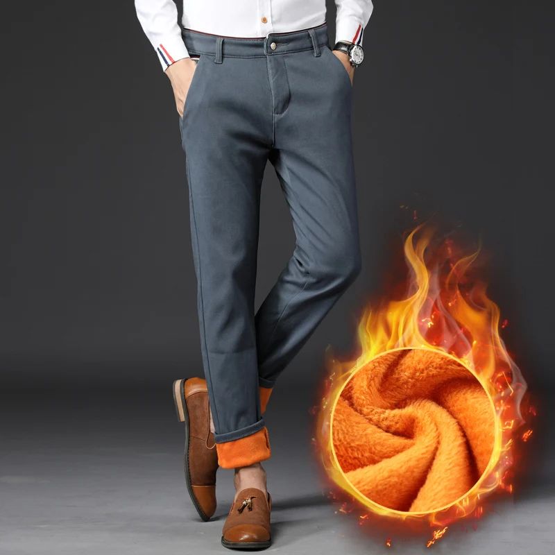 Winter Men Korean Fashion Straight Leg Pants Winter Snow Warm Thermal Thicken Casual Pants New Fleece Slim Fit Business Trousers