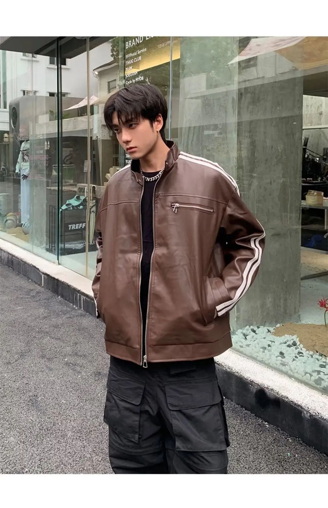 Retro Leather Jacket Men Women American Patchwork Strip Racing Outerwear Loose Hip Hop Zippers Brown PU Coat Streetwear Spring