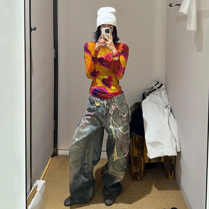 American High Street 3D Digital Print Candy Chain Weathered Knife Straight Leg Casual Jeans for Men And Women
