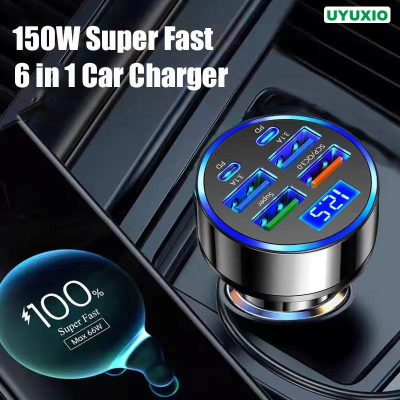 UYUXIO 6 in 1 USB C Car Phone Charger Adapter with Voltage Display Super Fast Charge in Car for iPhone 16 15 Pro Max Samsung