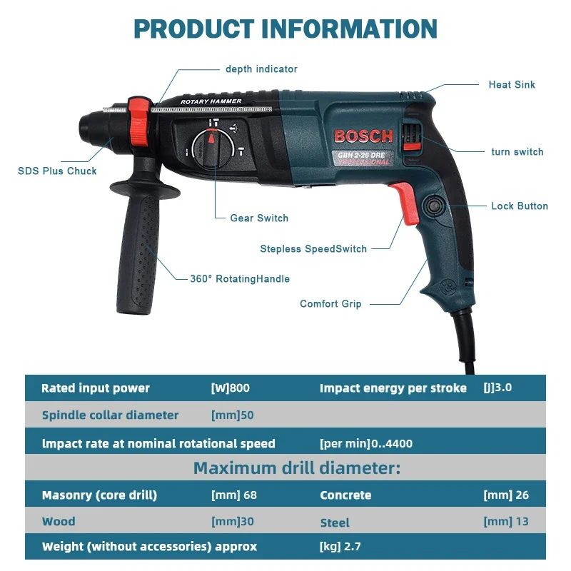 Genuine Bosch GBH2-28 industrial park handle Four Pit 800W three-purpose multi-functional concrete hammer and pickaxe