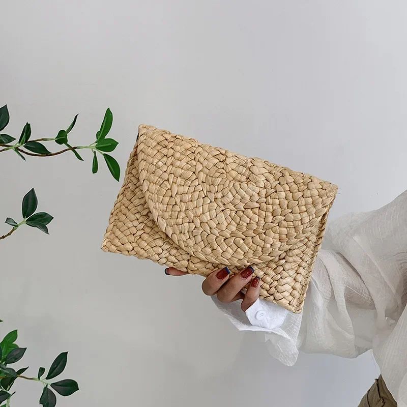 Fashionable Corn Husk Straw Bags Hand-woven Women Clutch Envelope Handbag Long Purse for Female Summer Beach Bag Bolsa 2024