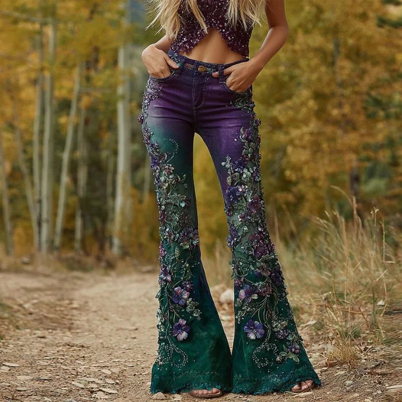 Women's Floral Embroidered High Waist Flared Jeans Vintage Boho Wide Leg Denim Pants for Party and Daily Outfits