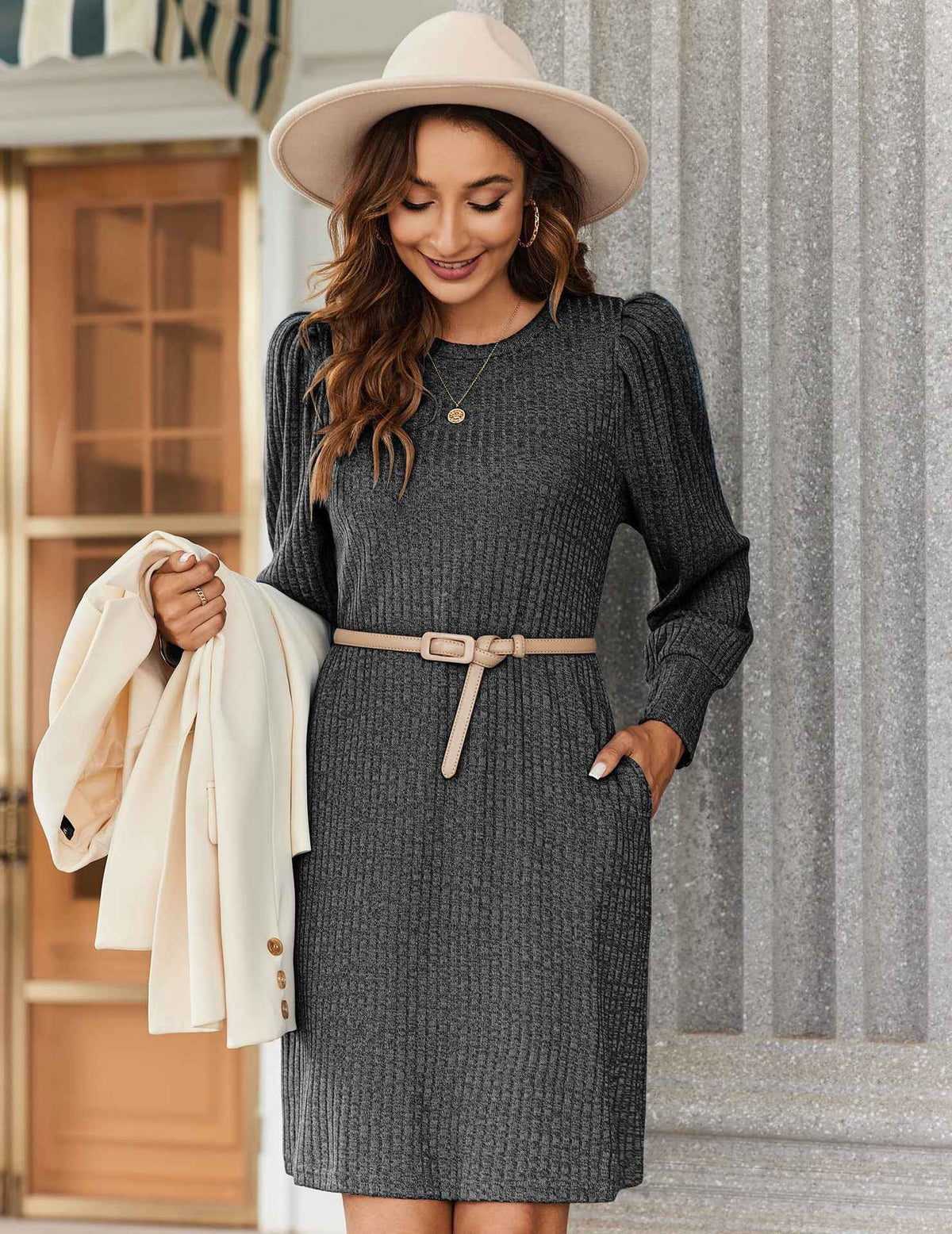 Y2K autumn and winter women's crew neck solid color sweater bubble sleeve fashion commuter dress comfortable casual loose dress