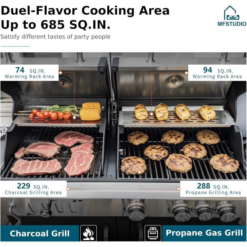 Gas and Charcoal Grill Combo with Side Burner, Porcelain-Enameled Cast Iron Grate, Extra Large Dual-Function