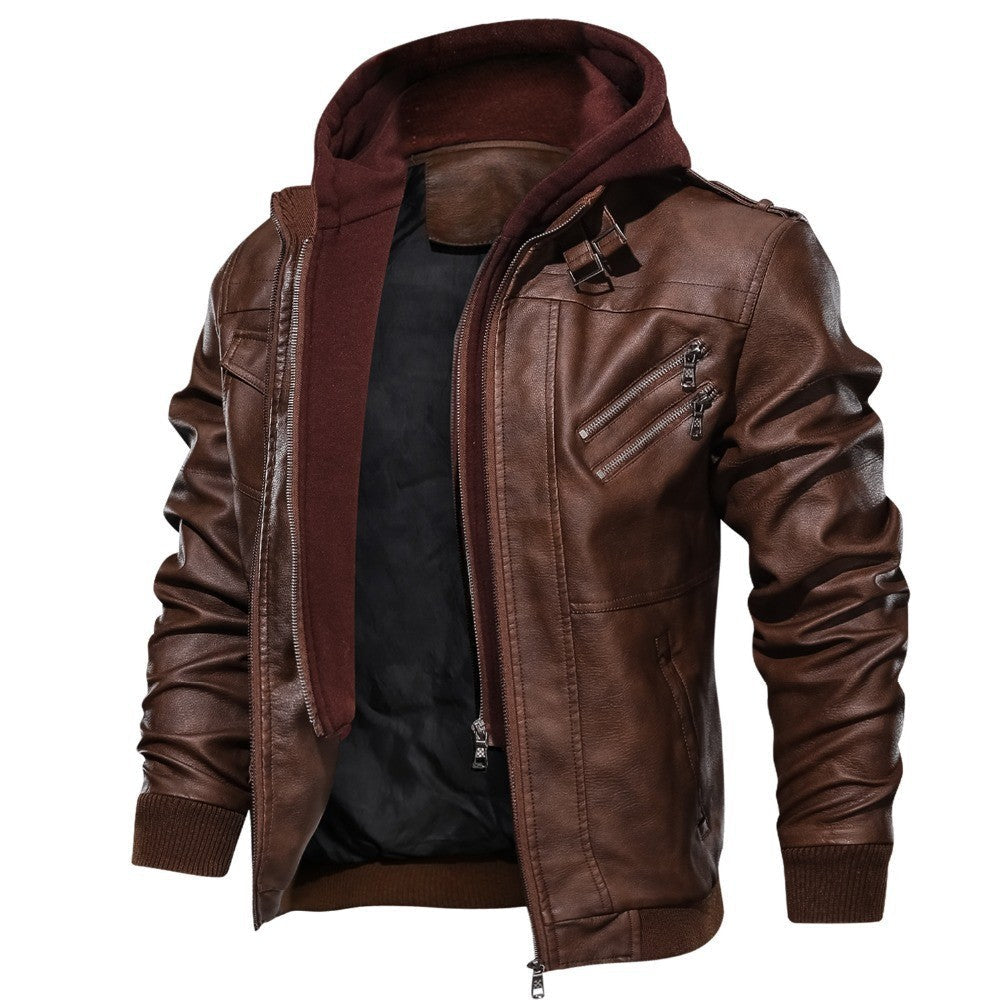 Male PU Hooded Collar Zipper Autumn Casual Slim Windbreaker Chaquetas Motorcycle Leather Jacket Men Winter Fleece Tactics Coat