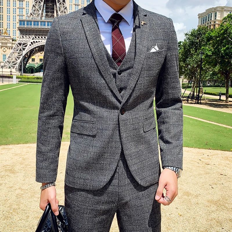 Dark Blue Men's Suit Three Piece, Business Casual Jacket and Vest with Trousers, Gray Dark Brown Slim Fit Sets, Asian Size
