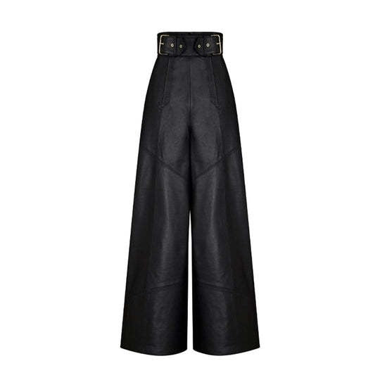 CM.YAYA Women Fashion Faux Leather High Waist Wide Leg Loose Pants Sashes Zipper 2025 Spring Party Casual Street PU Trousers
