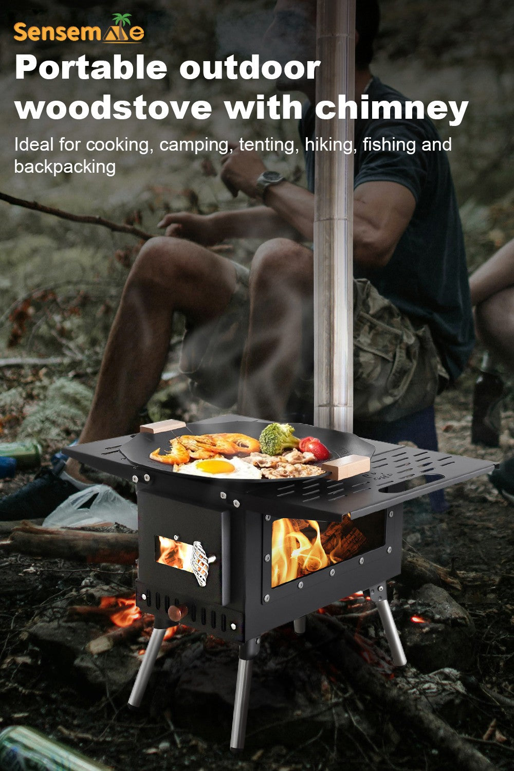Hot Tent Wood Burning Stove Folding Stainless Steel 5-Section Chimney Outdoor Camping Wood Heater with Cooking Wing Panels