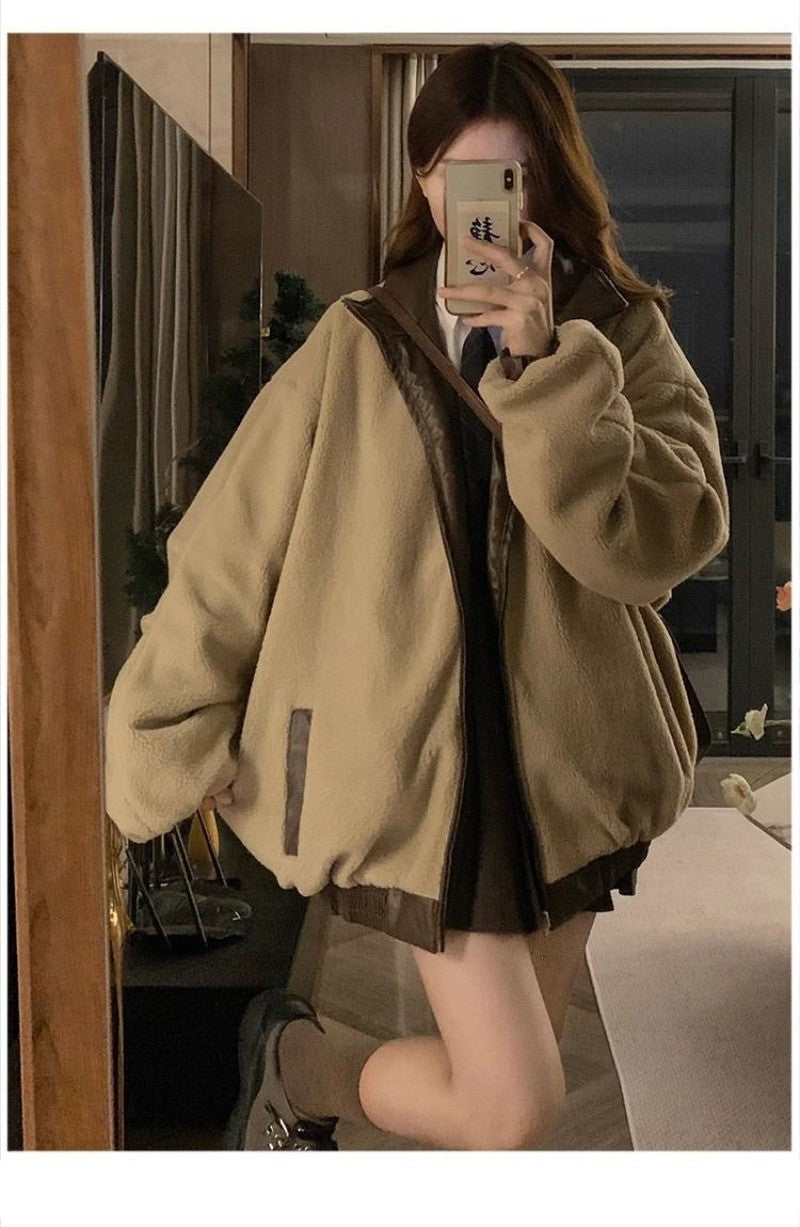 Maillard Fashion PU Leather Jacket With Lambswool Coat Both Sides Female Y2K Winter New Velvet Locomotive Cotton-padded Jacket