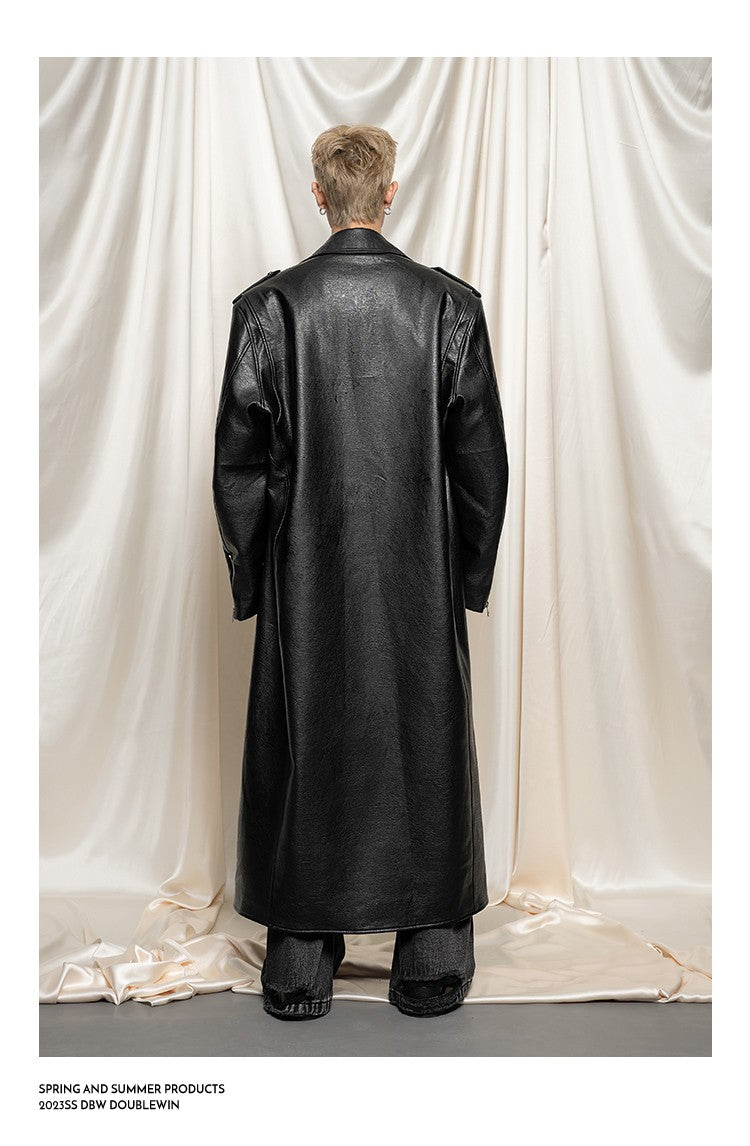 Mauroicardi Spring Autumn Oversized Cool Extra Long Black Pu Leather Trench Coat Men Zipper Loose Luxury European Fashion 2023