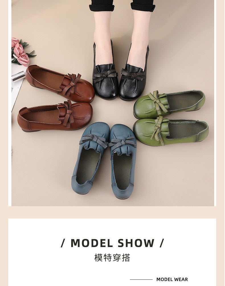 Vintage Plain Oxfords Shoes Women's Genuine Leather Flats Ladies Laced Up Moccasins Elderly Woman Square Toe Driving Loaferss