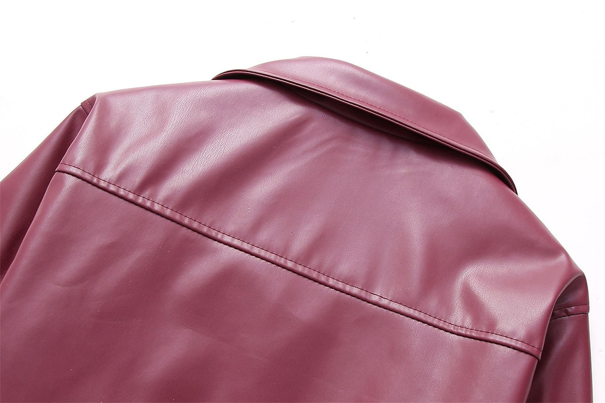 Women Vintage Wine Red Faux Leather Jakcet Fashion Outerwear Zipper Lapel Pu Coats Autumn Winter Streetwear Ladies Short Tops