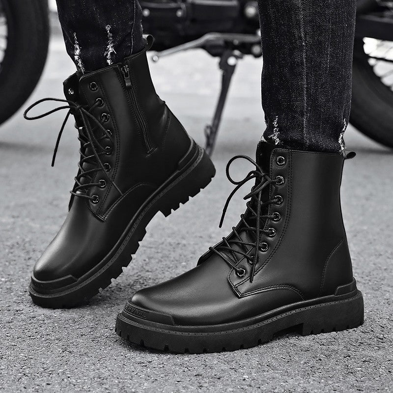 Black Men's Casual Leather Boots Fashion Winter Men Work Boot Mens Shoes Non-slip Designer High Top Ankle Boots Motorcycle Shoes