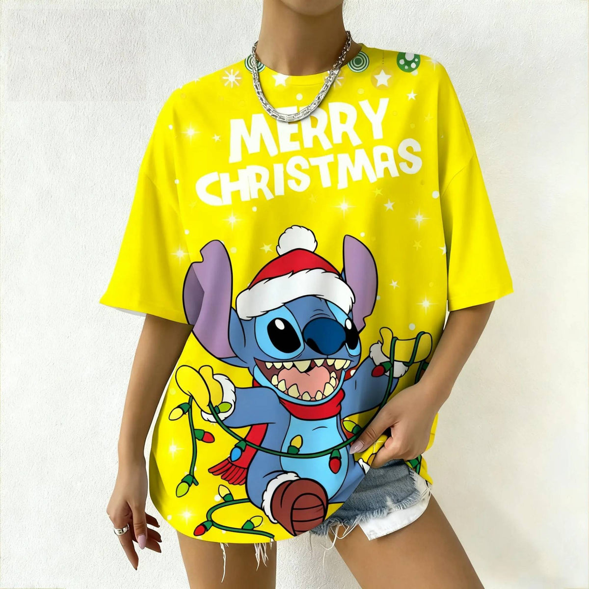 Women's Disney Stitch Christmas Tee Summer Oversized Short Sleeve Top Streetwear Daily Fashion & Trendy Outfits Casual T-Shirt