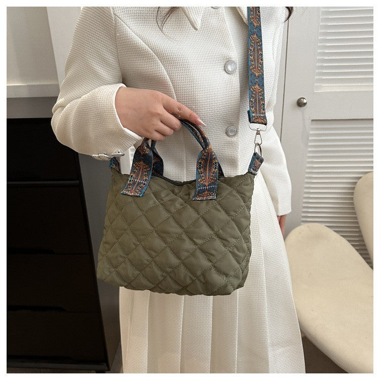 Women Wide Shoulder Belt Handbag Fall/Winter Rhombus Space Cotton Shoulder Bag Large Capacity All-Match Shopping Tote Bag