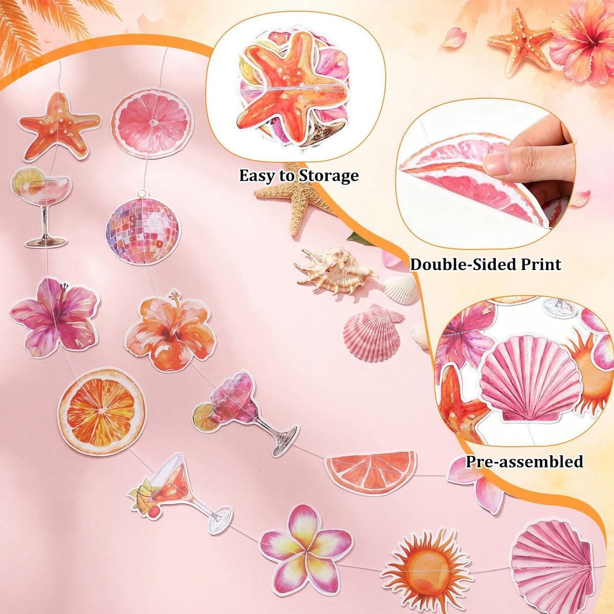 Orange Hawaiian Luau Flowers Lemon Citrus Garland Banner Tropical Aperol Spritz Cocktail Beach Bar Honeycomb ornament Decor