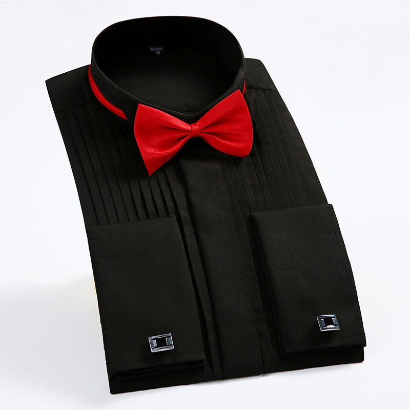 Classic Winged Collar Dress Shirt Men's Wingtip Tuxedo Formal Shirts with Red Black Bow Tie Party Dinner Wedding Bridegroom Tops