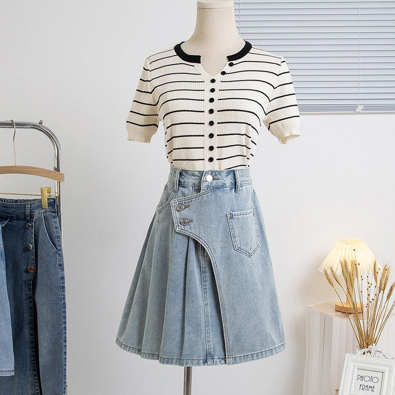 Plus Size Denim A Line Skirt With Lining 2024 Summer New Korean Fashion Pleated Midi Jean Skirt Woman Blue Color Jeans Skirts