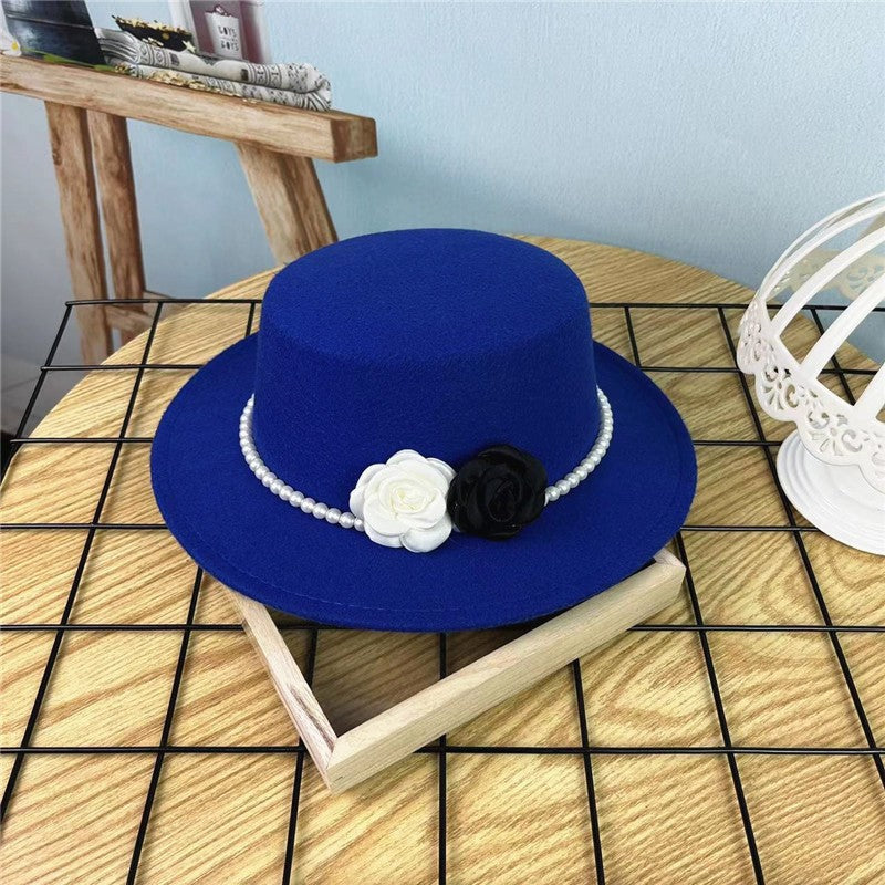 Women's Floral Chain Fedora High Fashion with Pearl Pins Bump Cap Black White Autumen Winter Ladies Fedoras Wide Brim Girl Hat