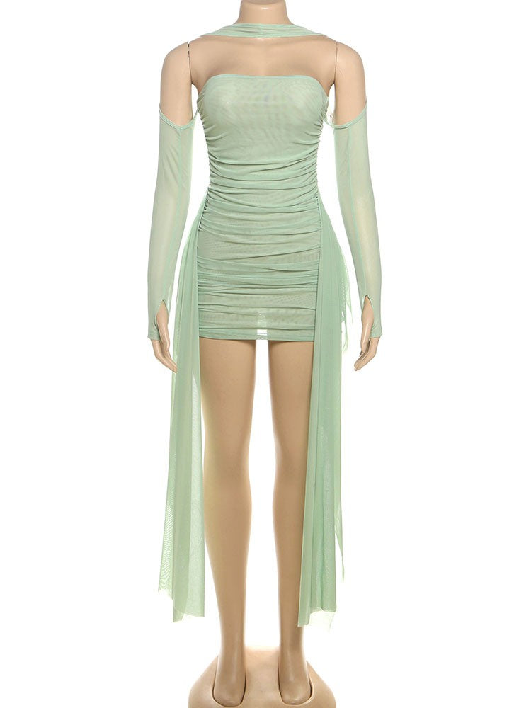 Nibber Summer Vacation Sexy See Through Dress+Shawl Women Ruched Side Ribbon Coquette Skinny Midnight Clubwear Party Bodycon