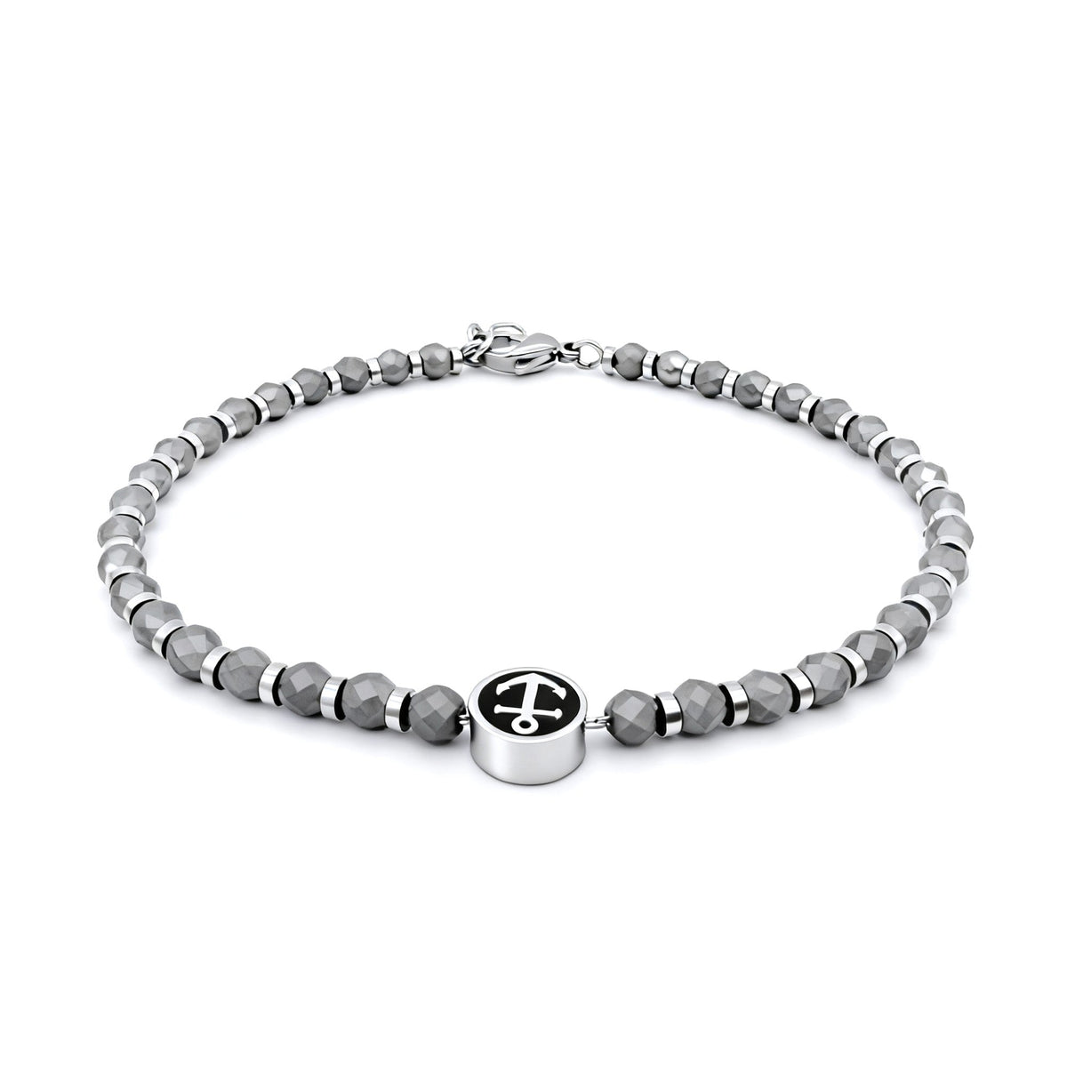 Runda Men's Bracelet with Black Iron Ore Anchor Pendant Stainless Steel Adjustable 22cm Fashion Charm Bead Jewelry