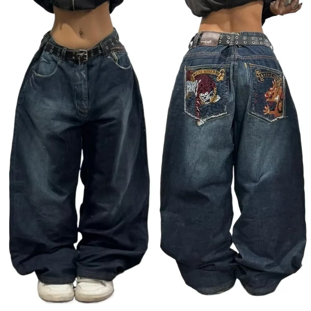 Y2K American New Trend Hip-hop Gothic Embroidered Jeans Men's Street Harajuku Leisure Loose Straight Wide-leg Pants Unisex Jeans